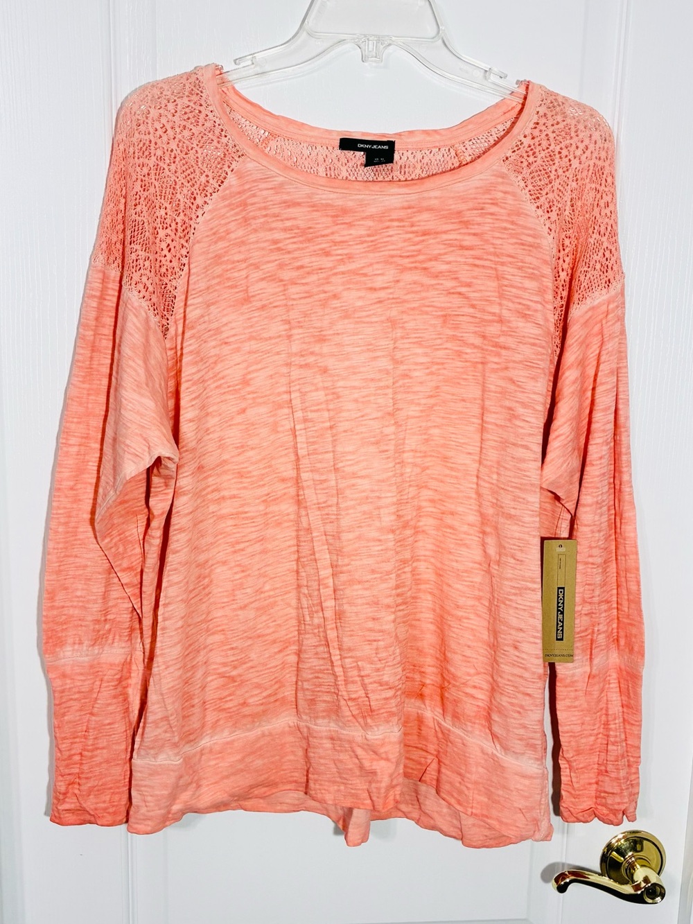 DKNY Jeans Crochet Shoulder Slub Knit Long Sleeve High Low Top Coral Size XL